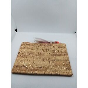 Mary Kay Cork Gold Fleck Clutch Makeup Bag Teal Lining Coral Tassel Zip New